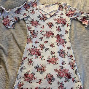 Ultra Flirt White/Pink Floral Midi Dress with Quarter Sleeves- Size M